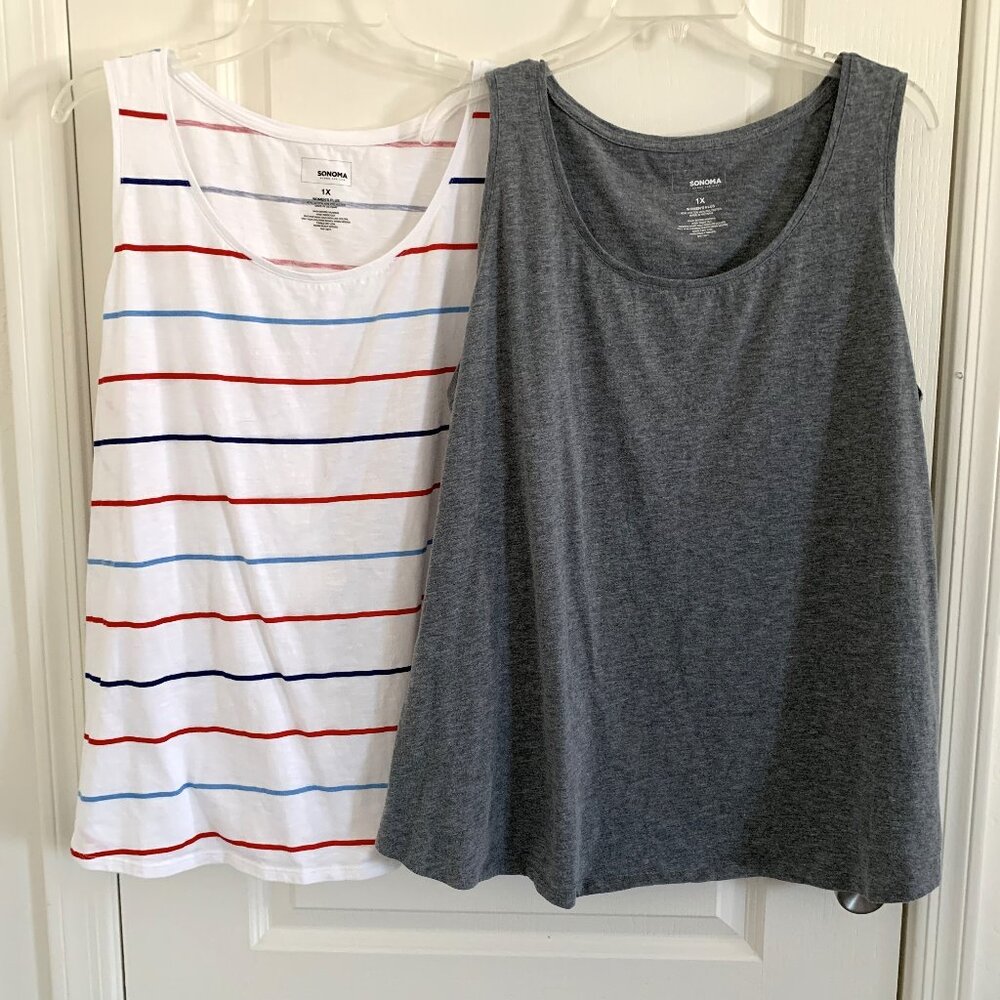 Sonoma 2 PC V-Neck Swing Tank Top Sleeveless Gray & White Stripe Plus Size 1X